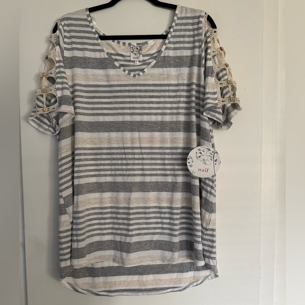 Women Striped Top Plus Size 2X Vneck Cold Shoulder Crochet NWT Gray Beige Boho